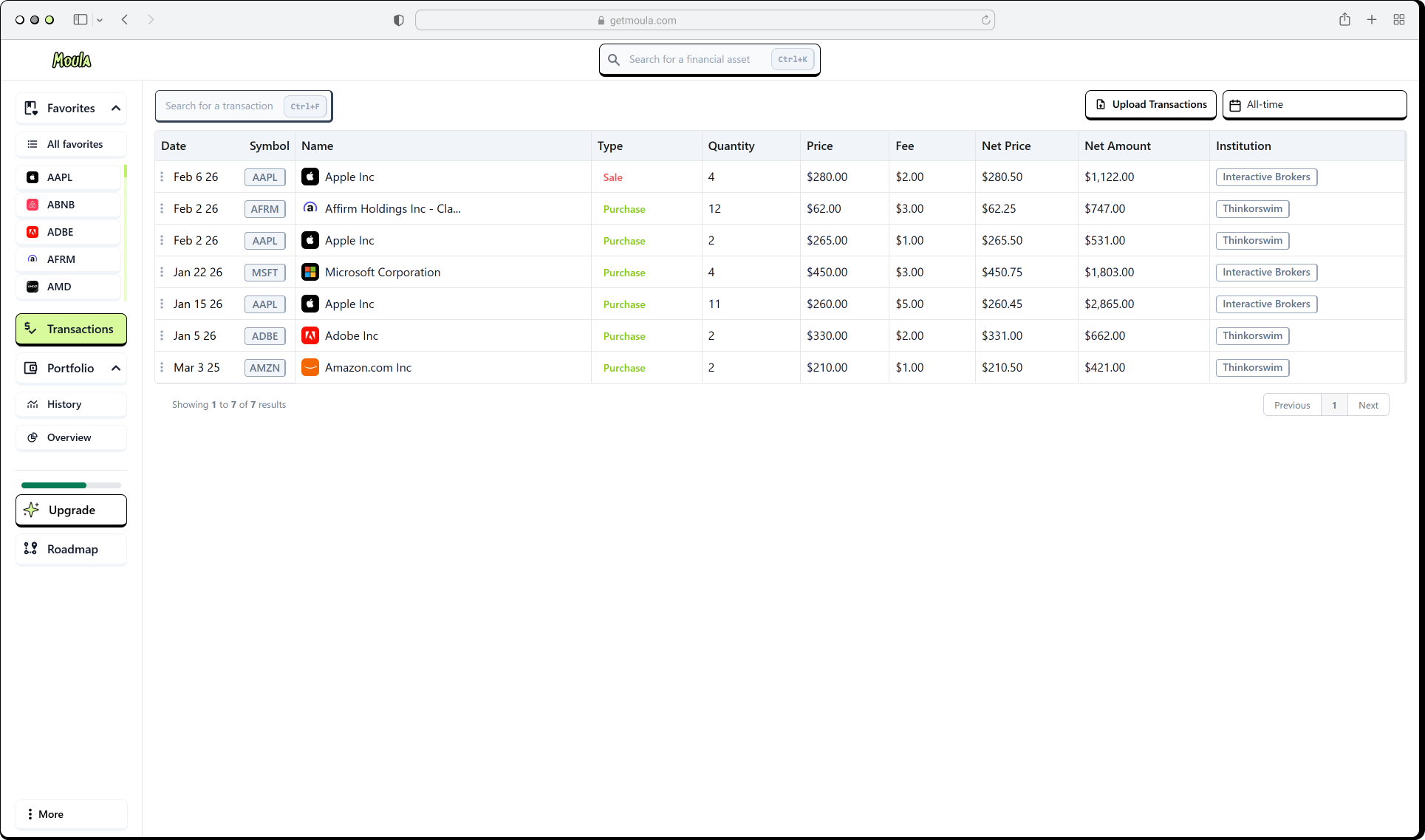 Transactions table with search, filters, and trade history